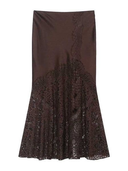 HH Spring Elegant Women Sexy Satin Lace Patchwork Midi Skirt Fashion Brown Female Hollow Out High Waist Spliced Party Long Skirt X260414