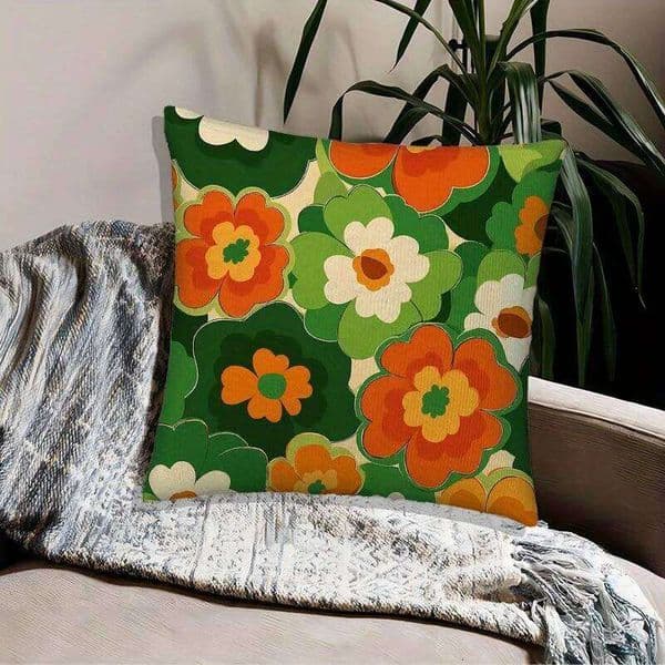 Retro 70s Flower Power Pillowcase, Green Orange Abstract Floral Cushion Cover, Boho Home Decor 26L0414
