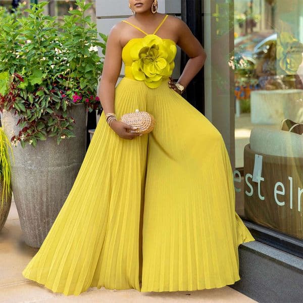 Women's Clothing Summer Halter Neck Three-Dimensional Flower Solid Color Wide-Leg Plus Size