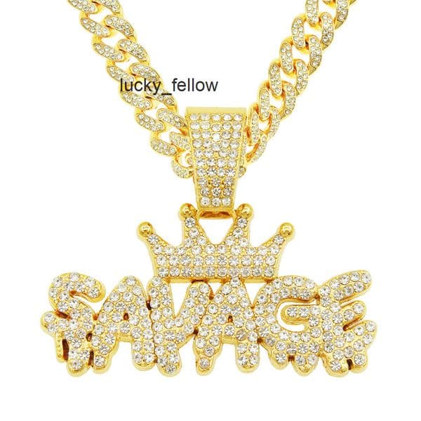 Cool Full Diamond Crown Letter Pendant Necklace Mens Hip-Hop Style Inlaid Diamond Cuban Chain Choker