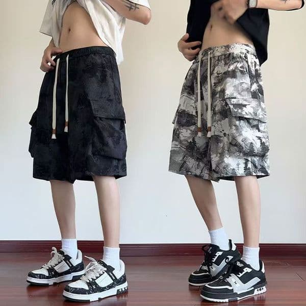 2026 New Designer Luxury Brand American Black Men's Work Pants Summer High Waisted Youth Pants Casual Tie Dye Large Pocket Five Point Underwear Wholesale