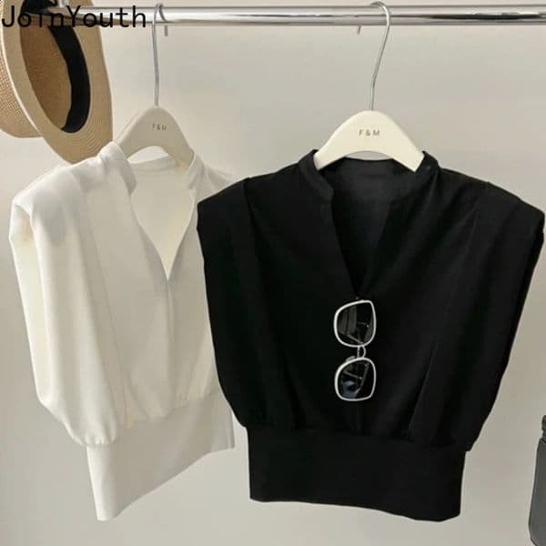 T Shirts for Women Crop Tops Flying Sleeve V-neck Tees Fashion Summer Camisetas Casual Loose White T-shirts 2025 Ropa Mujer260407BJ