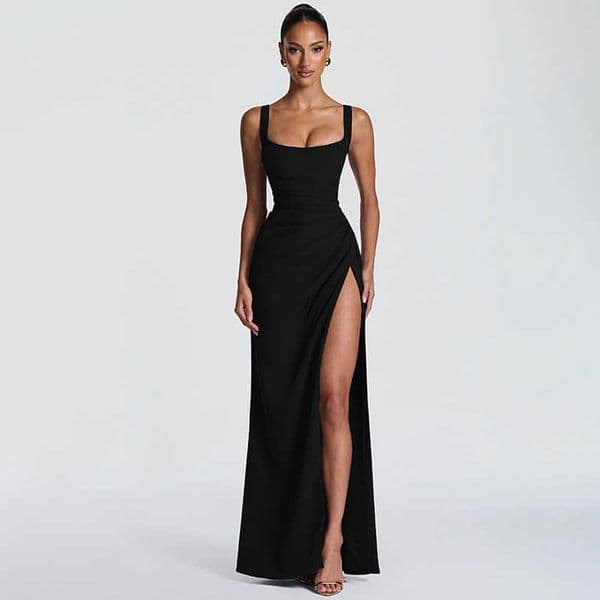 INS-style womens evening gown long dress 2026 summer fashion sexy strapless backless high-slit dress H260414