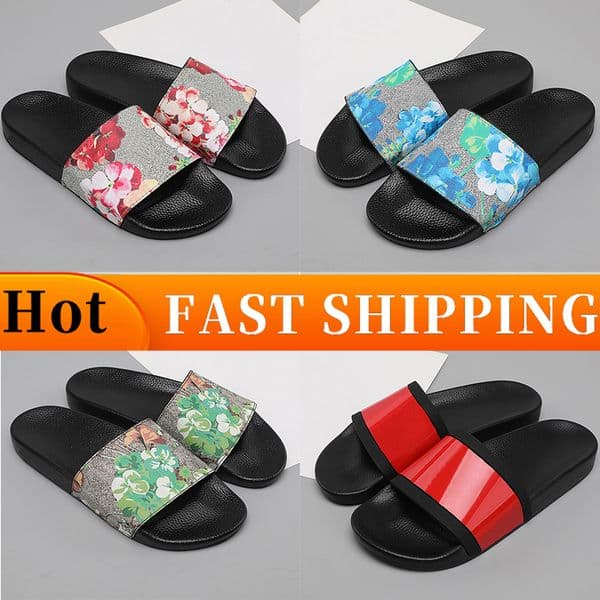 Free Shipping slides Designer slippers Men Women Sandals flat sliders slipper platform rubber slide canvas flowers womens luxury shoes With box Summer beach sandal
