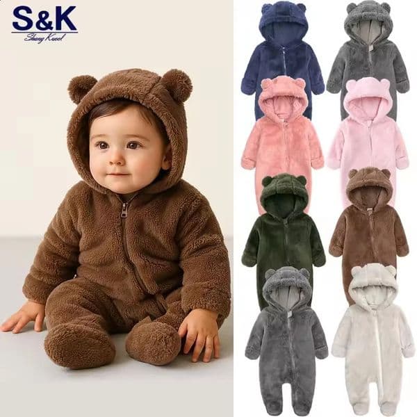 024M Baby Rompers Infant Clothes Winter born Boy Girl Zipper Bodysuit Bear Fleece Hooded Pyjamas 260414