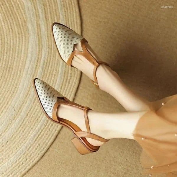 Sandals Summer Women Split Leather Shoes For Simple Chunky Heel Cover Toe Pointed Designer