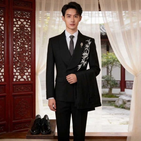 Black Embroidered Chinese Style Mens Suit Wedding Engagement Performance Outfit Double Breasted One Button Polyester Fiber C260414