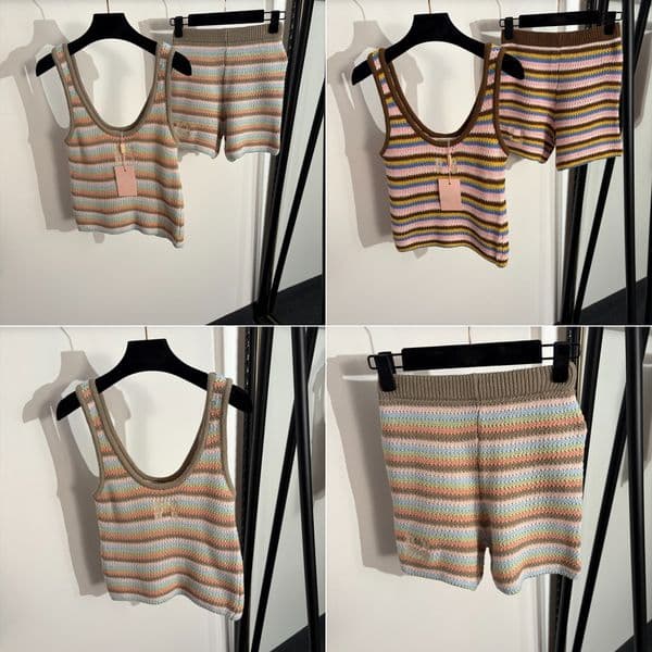 Holiday Sling Camisoles Shorts Set Colorful Stripe T Shirt Shorts Suit Luxury Knit Casual Tracksuit Vacation Brand Beach Top Tracksuit Clothing