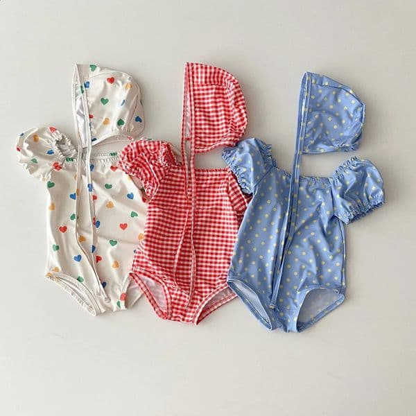 Summer Baby Girl Long Sleeve Sunscreen Swimsuit born Bodysuit Toddler Girls Heart Print One Piece Hat 260414