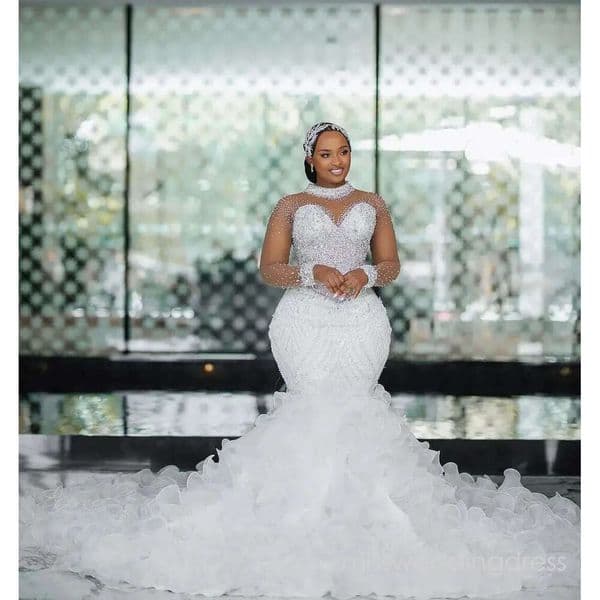 Sparkly Crystals Beads Wedding Dress 2026 High Neck Illusion Long Sleeves Church Mermaid Bridal Bride Gown African Vestido de Noiva