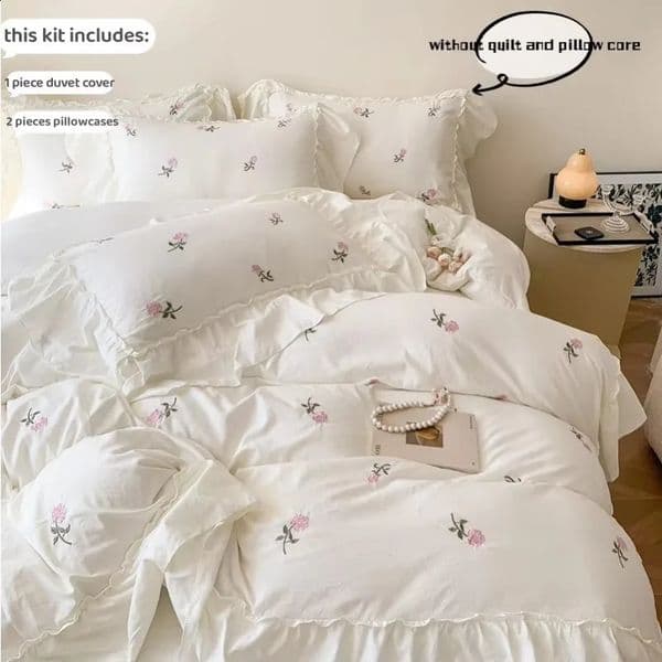 3pcs Rose Embroidered Duvet Cover Set 1Duvet 2Pillowcase Without Core Princess Style Lace Bedding 260414