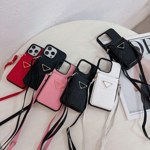 Luxury Tri-angle Designer Phone Case for iPhone 17 Air 16 15 15pro 14 13 12 11 Pro Max Folio Card Pocket Leather Shoulder Neck Strap Samsung S26 Plus S25 S24 S23 S22 Ultra