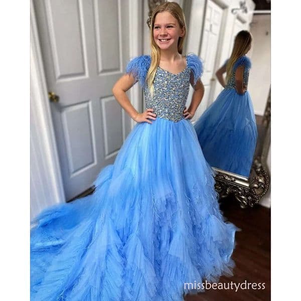 Princess Sky Blue Girl Pageant Dress With Feather Crystal Pearl Tiered Tulle Little Kids Fun Fashion Runway Drama Cocktail Party Gowns Formal Wears A07 ZD10