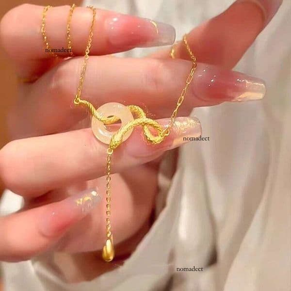 Ancient Gold Color Necklace Autumn Winter White Chalcedony Peace Buckle Jade Pendant Clavicle Chain for Women 2025 of the Snake Zodiac Year 12