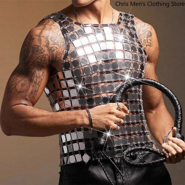Mens Silver Mirror Disco Tank Top Sparkly Square Sequin Vest Nightclub Party Performance Outfit Sleeveless Top Men Mesh Top 260413