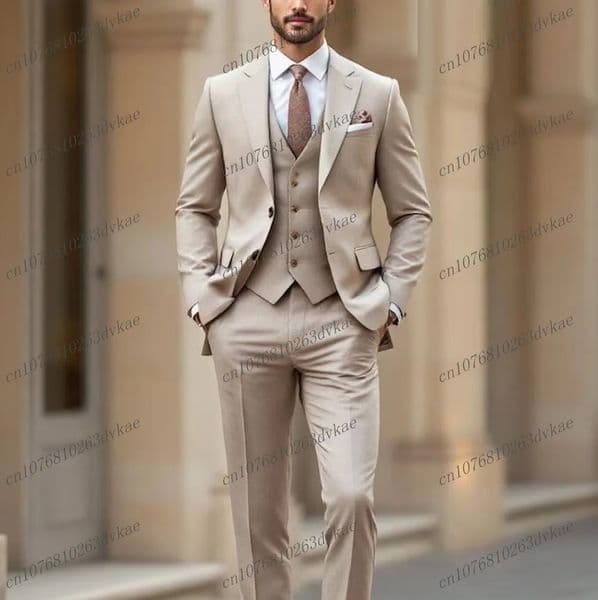 Fashion Beige Formal Occasion Men Suit Wedding Party Groom Groomsman Prom Business Male Tuxedos 3 Piece Set Jacket Vest Pants 260413