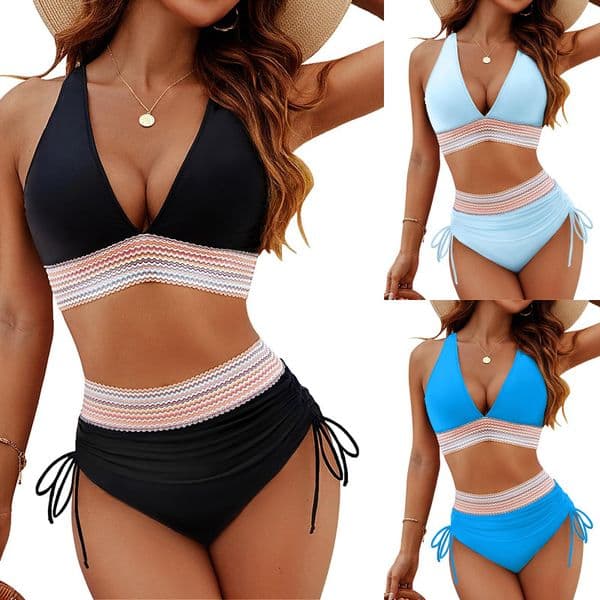 2026Women's High-Waisted Two-Piece Set V-Neck Tie-Up Bikini Push-Up Amazon Swimsuit
