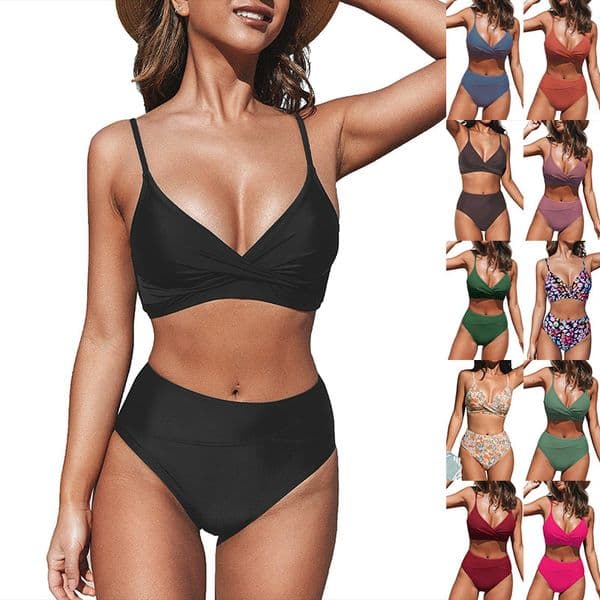 Free Shipping High Cost Performance Twist Front High Waisted Bikini Set Deep V Tummy Control Two Piece Swimsuit