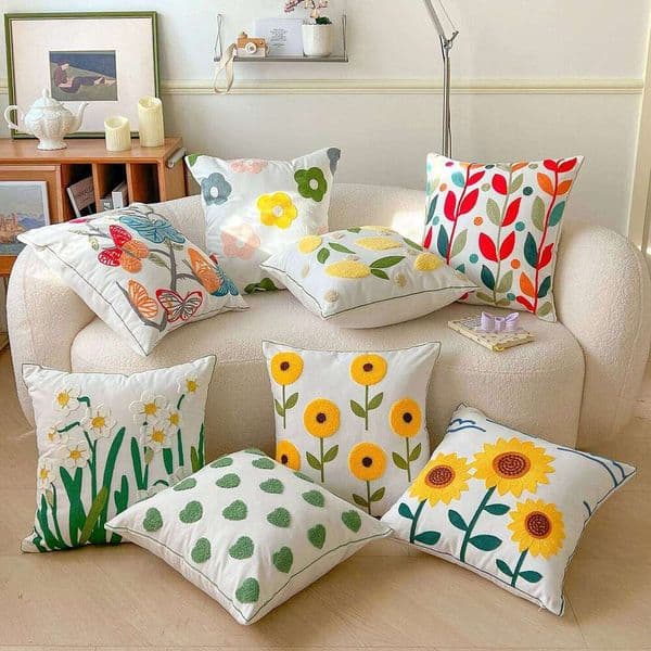 Spring Flower Embroidered Throw Pillowcase Cojines Canvas Towel Embroideried Sofa Square Cushion Cover Headboard Pillowcases 26L0414