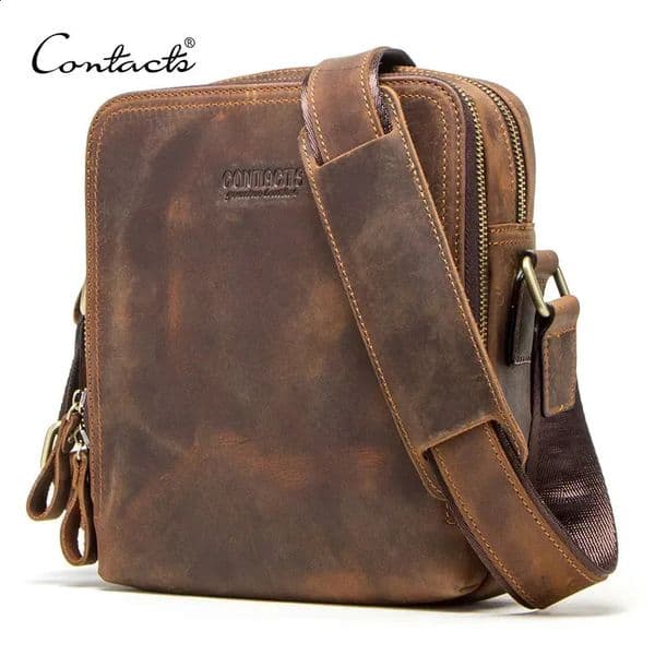 CONTACTS Genuine Leather Mens Messenger Bag Vintage Sling Shoulder Bags for 79 iPad Mini High Quality Male Crossbody Men 260414