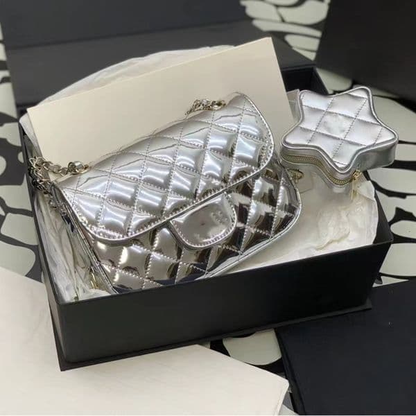 2024 Spring/Summer New Fashion Design Womens Classic Five pointed Star Twin Chain Bag Mirror Material Flip Bag Casual Versatile One Shoulder Crossbody Bag
