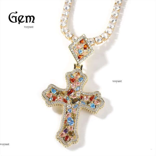 Hot-Selling Hip Hop Punk Colorful Moissanite Rhombus Buckle Cross Pendant Unisex Versatile Trendy Cool Jewelry Wholesale