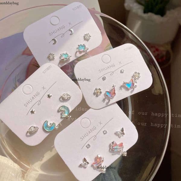 Sweet Cool Colorful Laser Aurora Moon Earring Set for Women, Silver Studs, Simple and Unique Star Earrings Wholesale from Yiwu