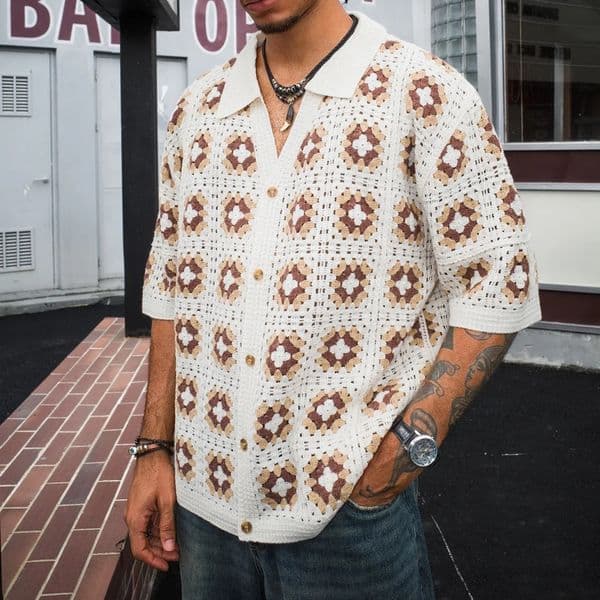 Mens Short Sleeve Summer Fashion Mesh Cardigan Lapel Top Printing Soft Breathable Light Polo Knitwear Men US Size 260413