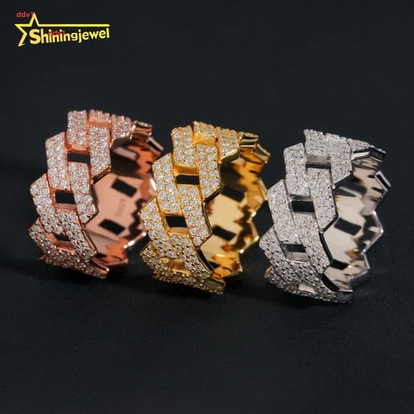 Factory Direct High Quality Hip Hop Two Row 925 Sterling Silver Moissanite Iced Out Cuban Ring