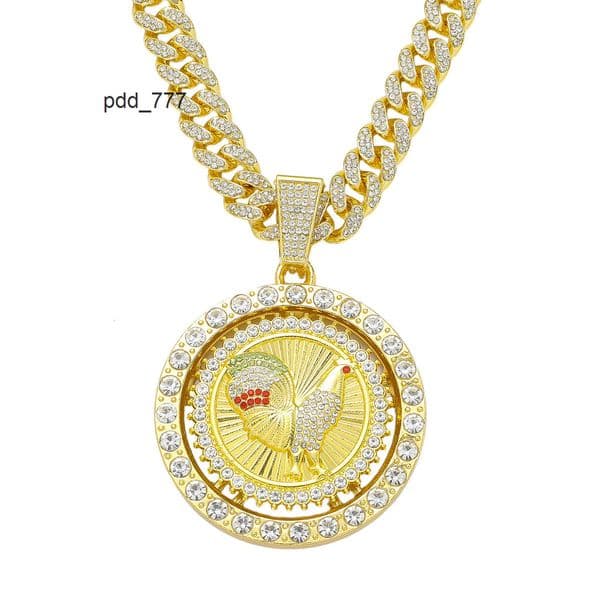 New mens full-diamond chain hip-hop style personalized rotating rooster pendant necklace
