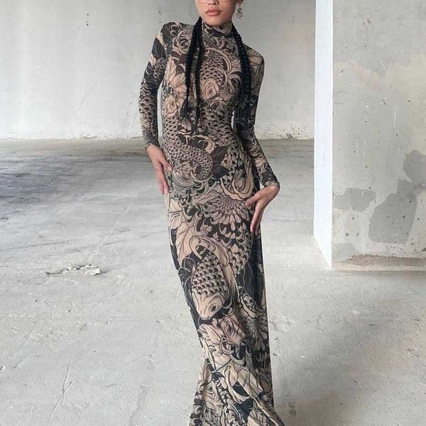 Womens 2023 Autumn New Fashion Mesh Printed Perspective High Neck Slimming Dress for Women H260414