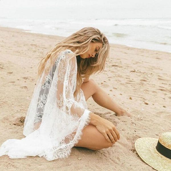 Women Summer Three Quarter Floral Lace Crochet Kimono Swimwear Cardigan Bikini Cover Up Wrap Beachwear Long Cover-Ups 260414BJ