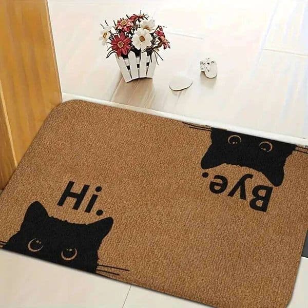 VIKAMA Doormat With Hi Bye Text Adorable Black Cat Face Door Mat Machine Washable And Easy To Clean Home Decoration 26Y0415