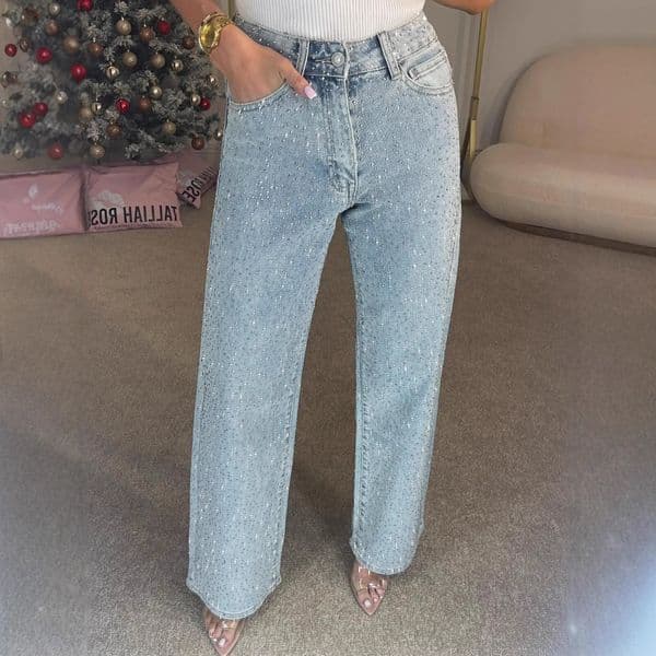 Women's Jeans High Waisted Y2K Wear Slimming Straight-Leg Jeans Blue Double Color Rhinestones jeans women clothing