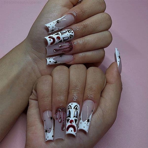 Fake Nail Tips Halloween New Wearable Nails Long Water Pipe Clown Blood Drops 24 Pieces Detachable Nail Tips Nail Art Tips False Nails Fake Nails Extension