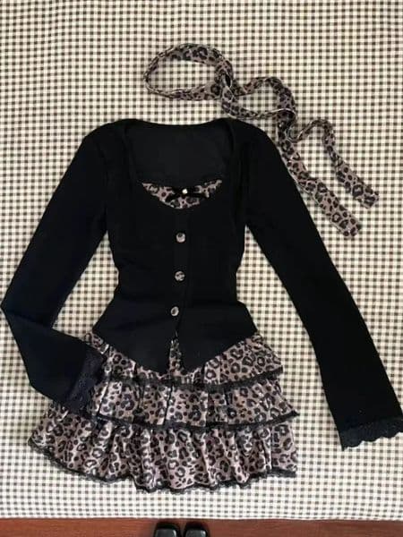 Leopard Vintage Suits Women Elegant Y2k Thin Sweater Pullover Mini Skirts Casual 2000s Clothing 2 Piece Skirt Sets Chic 260414BJ
