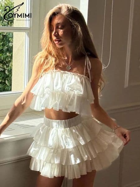 Oymimi Summer White Cotton 2 Piece Sets Woman Outfit Fashion Spaghetti Strap Cascading Ruffle Crop Top Pleated Mini Skirts Set 260415