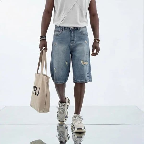 Mens light blue ripped jeans trendy American loose straight leg non stretch casual shorts suitable for summer street wear 260414