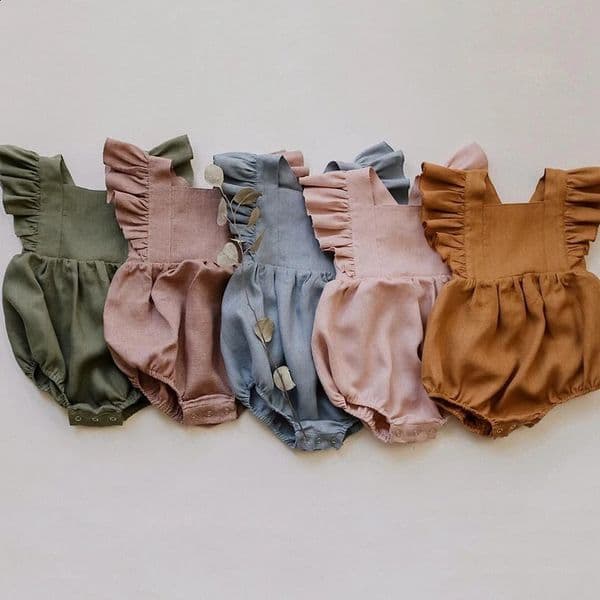 Vintage Linen Cotton Baby Girls Romper Summer Ruffles Lace Sleeveless Jumpsuit for Toddler OnePiece Children Clothing 260414