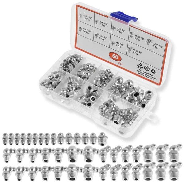 60/120Pcs Metric Fitting Kit 9 Type Galvanized Metal Hydraulic Grease Zerk Assortment Set M6 M8 M10 Vehicle Nozzle Fuel