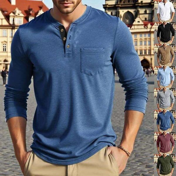 European Size Men's T-Shirt Colored Cotton Casual Retro Henry Long-Sleeved Bottoming Shirt