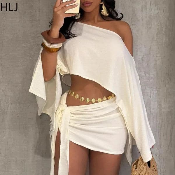HLJ Elegant Off Showlder Two Piece Outfits Woman Summer One Shoulder Flared Sleeve Loose Crop Top and Skirt Suit Streetwear 260414