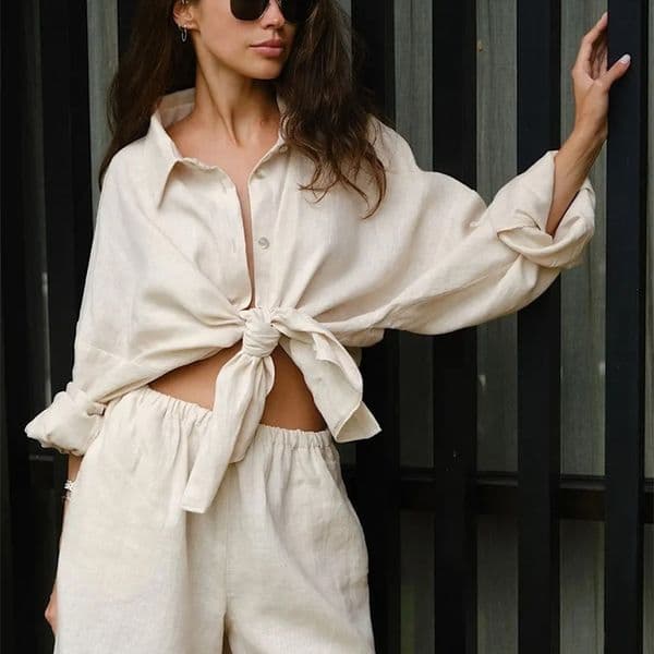 Bornladies Casual Shorts Sets 100 Cotton 2 Pieces Cozy Lapel Lantern Sleeve Shirt Summer Outfit Elastic Waist Shorts Suits 260414