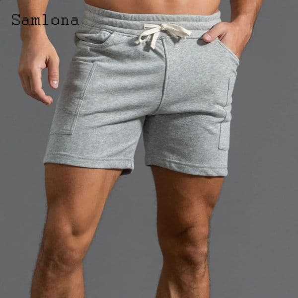 Summer Casual Running Shorts Men Sexy Elastic Wiast Board Shorts Male Stand Pocket Fitness Beach Short Pants Gray White 260414