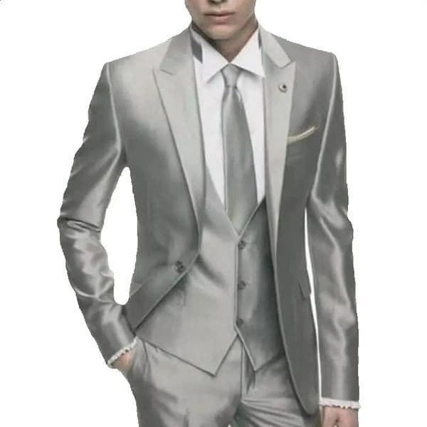 Silver Grey Satin Men Suit Slim Set Formal Wedding Skinny Stylish Male Blazer Party Custom Tuxedo 3 Piece Vestidos Suits for 260414