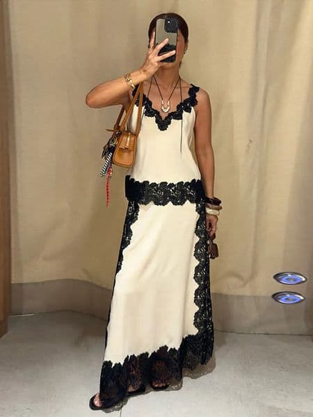 Lace Patchwork Vest Slit Skirts 2 Piece Set Woman V-Neck Sleeveless Sexy Tops Hollow Slim High Waist Skirt Fashion Out Suits 260414