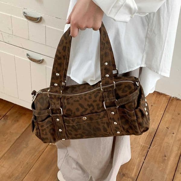 Vintage leopard motorcycle handbag barrel shaped Boston Casual Messenger Bags for female Shoulder Bag Fashion ladies totes H260414