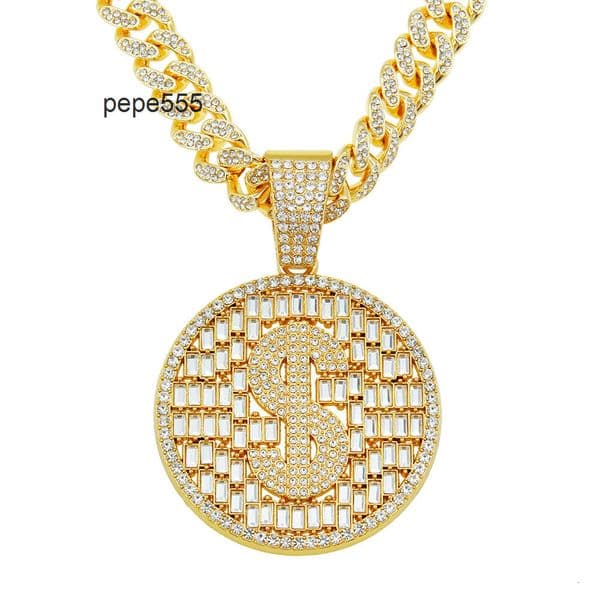 Hip Hop Full Diamond Dollar Round Pendant Hollow Necklace Cuban Chain Mens Cool Domineering Exaggerated Accessory