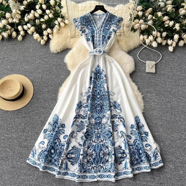 Summer Women Clothing Runway Fashion Paisley Print Flying Sleeve V-Neck Single Breasted Belted Vintage Party Long Vestidos 260414BJ