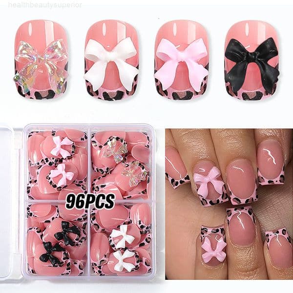 Fake Nail Tips Leopard Print French Bow Nail Art Set Pure Handmade False Nails Fake Nails Extension